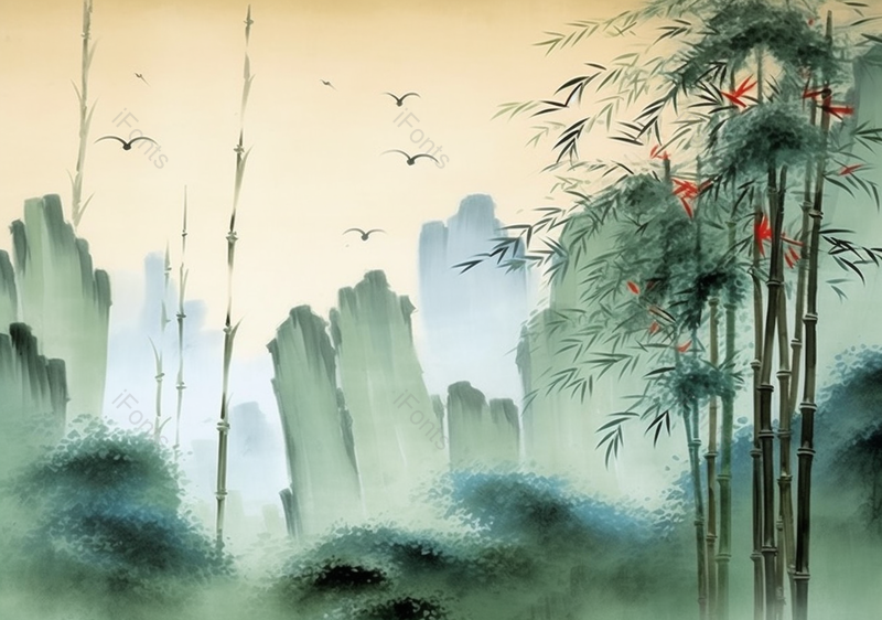 手绘国风意境彩色的竹子竹林飞鸟山水风景文艺插画,插画/手绘图,插画/手绘图库,插画/手绘图下载,插画/手绘